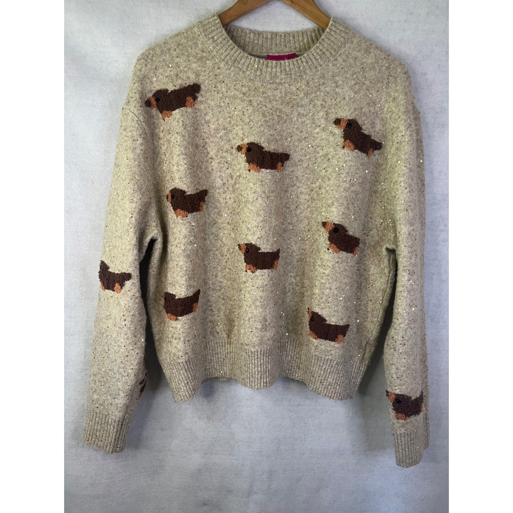 Queen Of Sparkles Dachshund Sweater Weiner Dog Beige Tan Brown Sequin Sz M